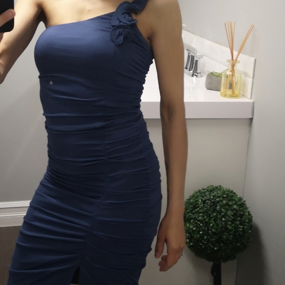 Ruched one-shoulder mini dress in blue